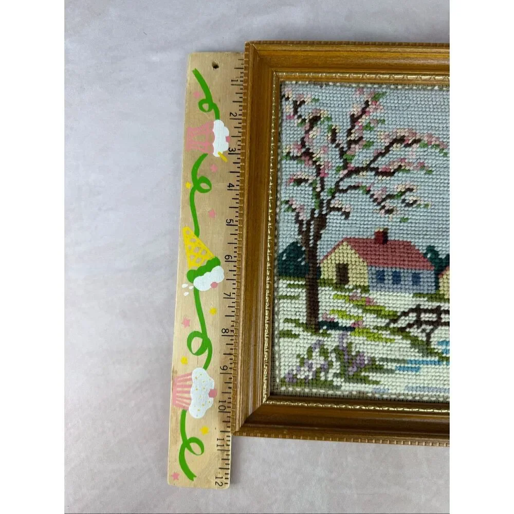 Vintage Framed Needlepoint Country House Cottagecore